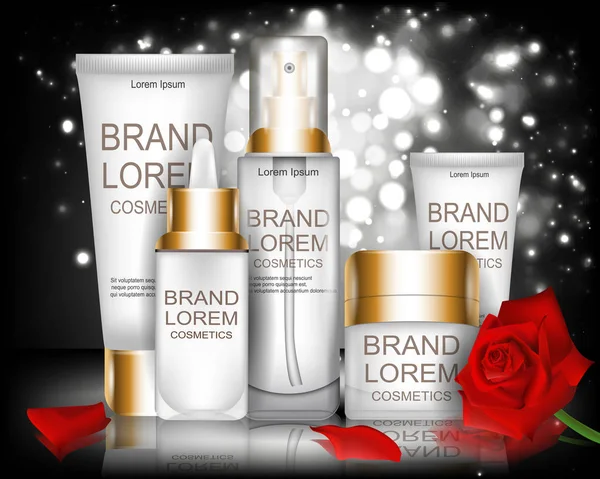 Romantik. Kozmetik. Ayarlayın. Bokeh arka plan üzerinde beyaz kapsayıcı. Siyah. Kırmızı gül.