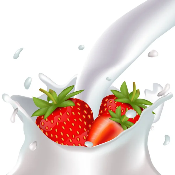 현실적인 딸기 우유와 함께입니다. 여름입니다. 흰색 배경에 고립 된 유용한 비타민. — 스톡 벡터