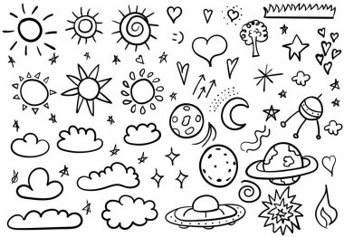 Ayarlayın. Alanı. Bulutlar. El ile çizim. Bir sürü. Siyah. Tasarımlarınız için.