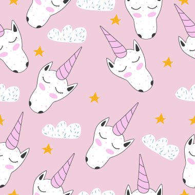 Seamless modeli. Şirin. Tek boynuzlu at. İskandinav. Komik. Çocuk. Yazdırma, kartpostal. Tasarımlarınız için.