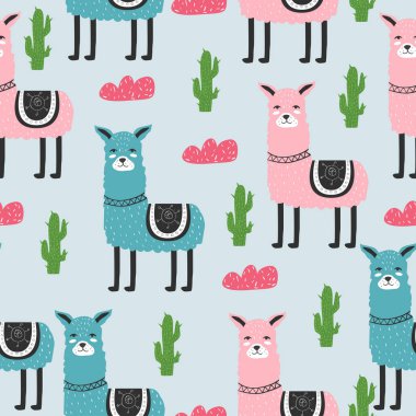 Seamless modeli. Şirin. Lama. İskandinav. Çocuk. Giyim, kartpostal. Tasarımlarınız için.