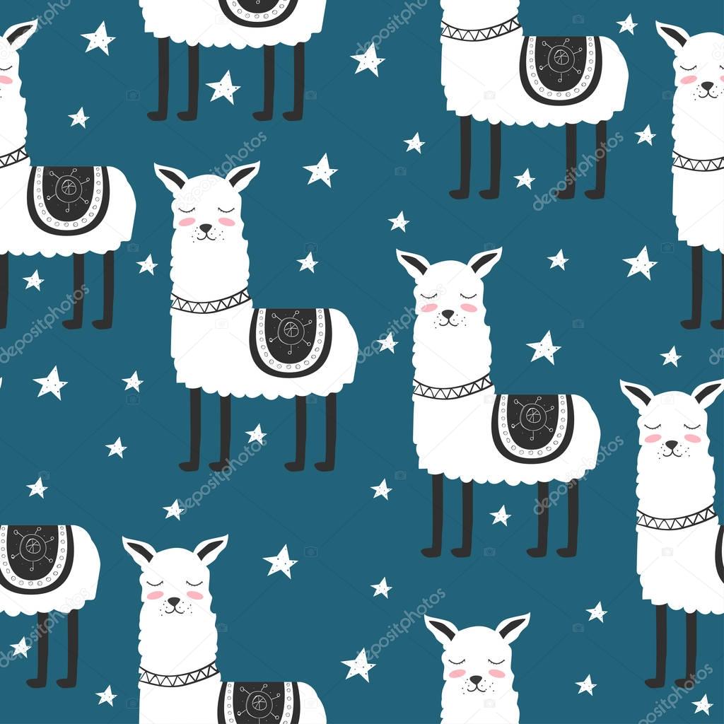 Seamless pattern. Cute. Lama. Scandinavian. Children's. Clothes, postcard. For your design.