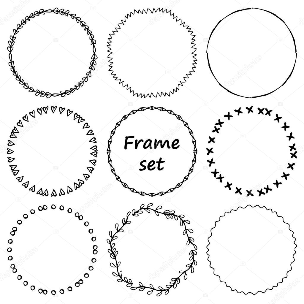Set of 9 round frames. Hand drawing. Barbed. Flower. For your design. 