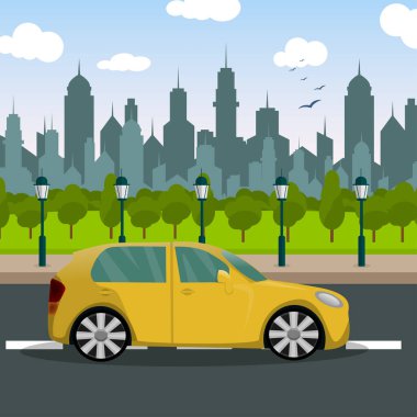 Şehir manzarası. Yol. bir yaya. Bir araba. Bir karikatür. Trafik kurallarını. Tasarımlarınız için.
