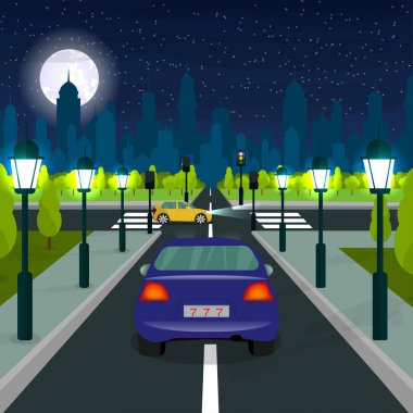 Şehir manzarası. Yol. bir yaya. Bir araba. Bir karikatür. Trafik kurallarını. Tasarımlarınız için.