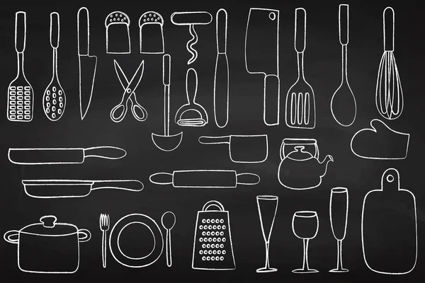 Um conjunto de utensílios de cozinha. Um quadro de giz. Na escola. Desenho manual. Ícone. Clipart . — Vetor de Stock