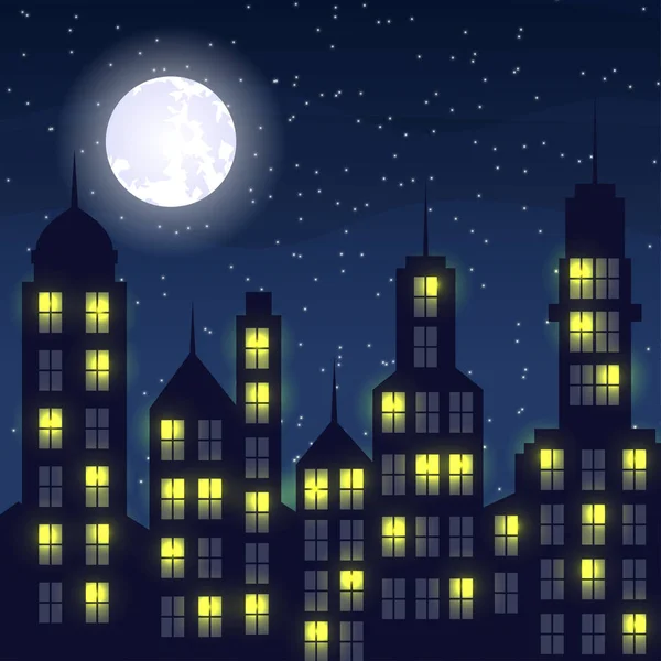 Diseño plano simple. ciudad nocturna. Luces. Luz en la ventana. Lena y el cielo estrellado . — Vector de stock
