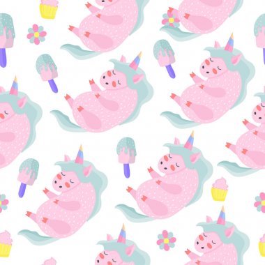 Seamless modeli. Tek boynuzlu at. Büyülü. Gerçekten. Pembe. Çocuklar baskı kartları almak için 's ve elbiselere yazdırır. 