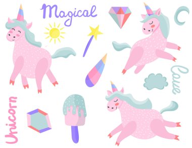 Bir dizi tek boynuzlu atlar. Büyülü. Gerçekten. Pembe. Çocuklar baskı kartları almak için 's ve elbiselere yazdırır. Parlak