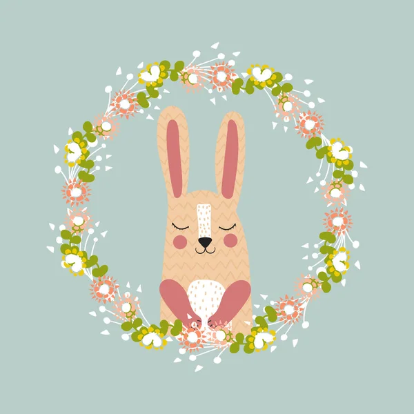 Cute animals. Scandinavian style. Frame. Flowers. For children's clothes. Greeting card. Bright. For your design. — Stock Vector