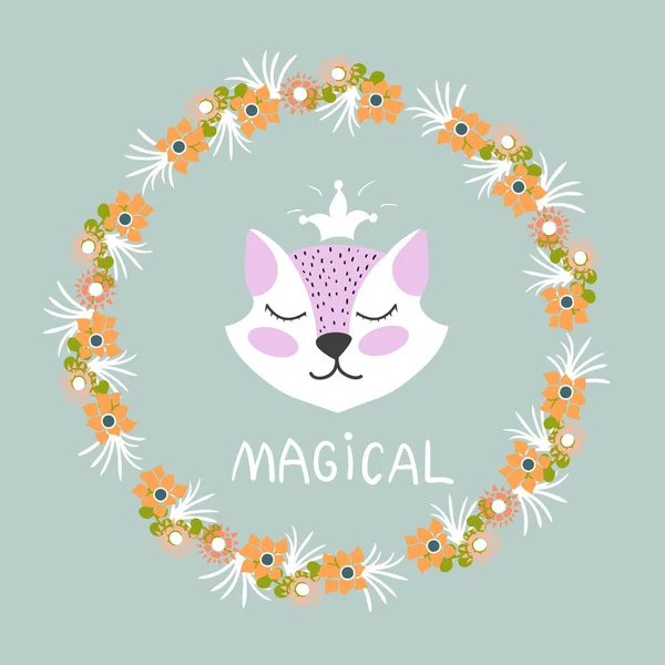 Cute animals. Scandinavian style. Frame. Flowers. For children's clothes. Greeting card. Bright. For your design. — Stock Vector