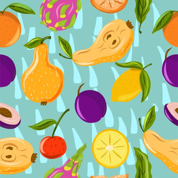 Meyve. Parlak. El çizimi. Ejderha meyvesi, armut, portakal, erik. Tasarımın için.. — Stok Vektör