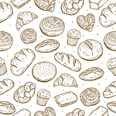 Kusursuz desen. Çeşitli hamur işleri. Ekmek. Doodle tarzı. Tasarımın için..