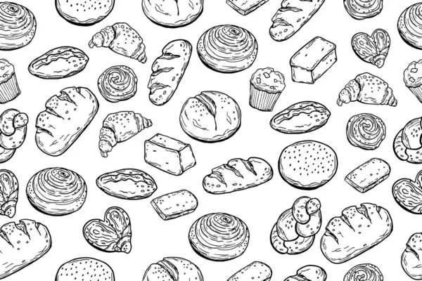 Nahtloses Muster. Verschiedenes Backen. Brot. Doodle-Stil. Für Ihr Design. — Stockvektor