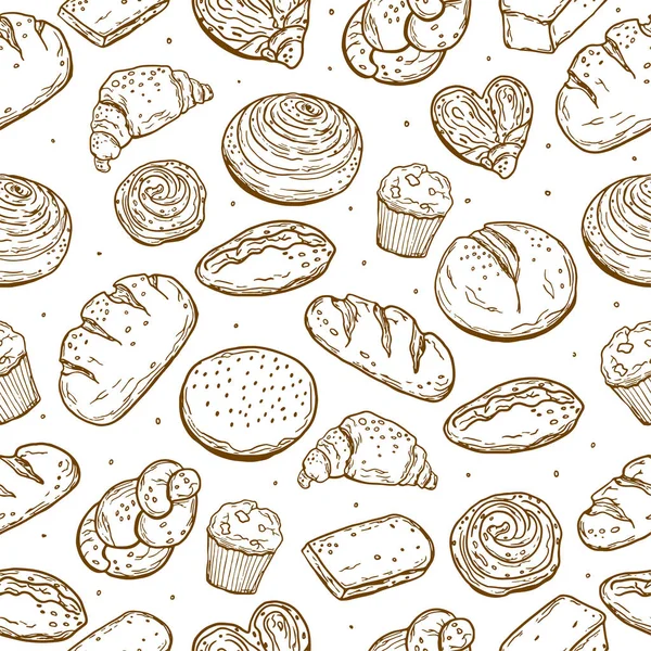 Nahtloses Muster. Verschiedenes Backen. Brot. Doodle-Stil. Für Ihr Design. — Stockvektor