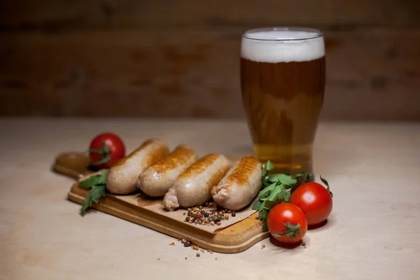 Fried Sausages Glass Light Beer — Stock Photo, Image