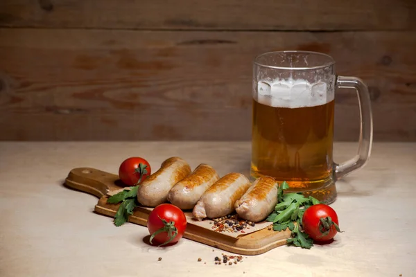 Fried Sausages Mug Light Beer — Stock Photo, Image