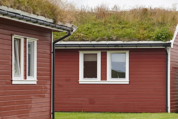 Cabañas tradicionales de madera roja noruegas con suelo en el techo . — Foto de Stock