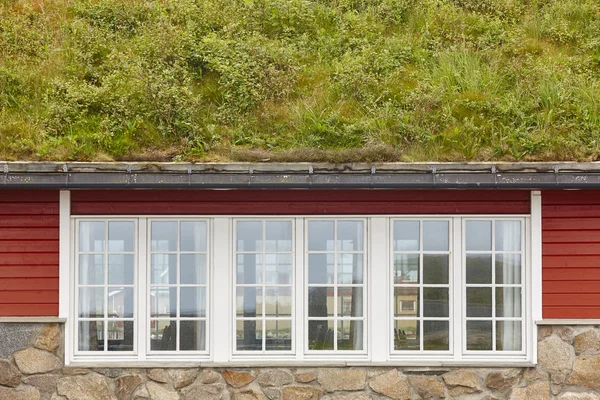 Tradizionali cabine in legno rosso norvegese con terra sul tetto . — Foto Stock
