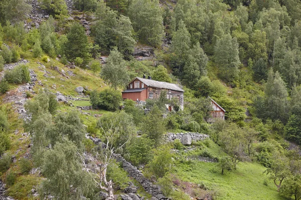 Maison traditionnelle en bois nordique sur un paysage verdoyant de collines forestières — Photo