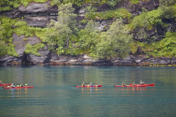 Norwegian fjord landscape with kayaks and rocks. Travel Norway — ストック写真