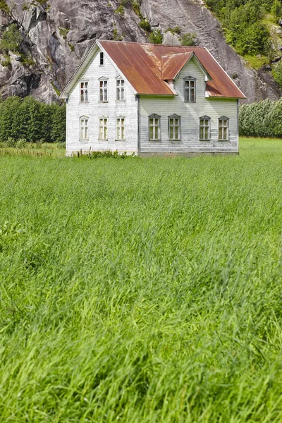 Noorse antieke traditioneel houten huis met gras en mounta — Stockfoto