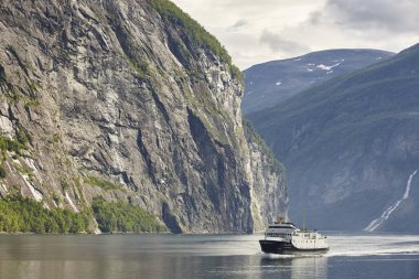 Norwegian fjord landscape. Hellesylt, Geiranger cruise travel. 