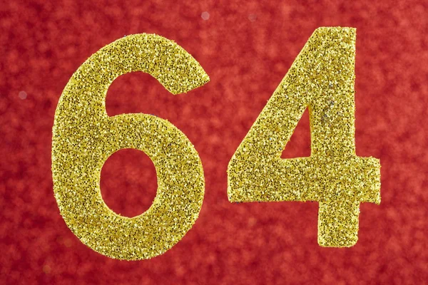 Zahl vierundsechzig gelbe Farbe auf rotem Hintergrund. Jahrestag — Stockfoto