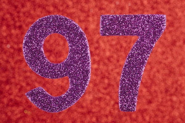 Number ninety-seven purple color over a red background. Annivers — Stock Photo, Image