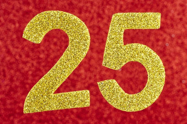 Número vinte e cinco cor amarela sobre um fundo vermelho. Anniversa — Fotografia de Stock