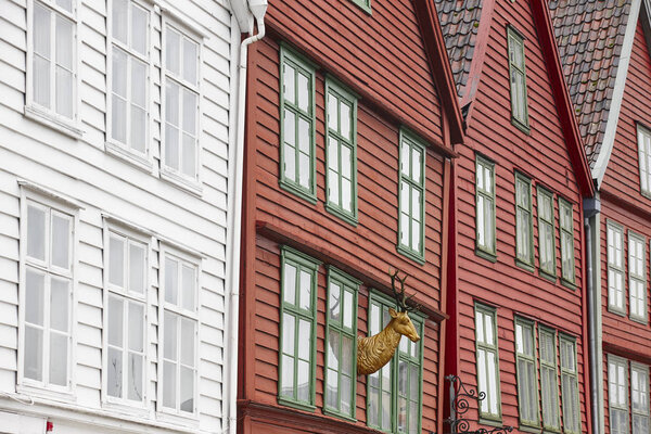 Traditional wooden historic norwegian buildings facades in Bergen. Norway tourism