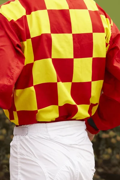 Jockey detail after the race. Hippodrome background. Racehorse. — Stock Photo, Image