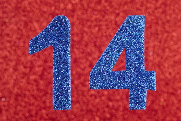 Number fourteen blue color over a red background. Anniversary. — Stock Photo, Image