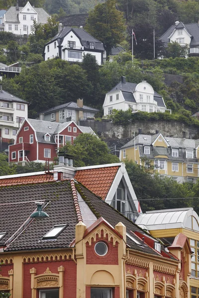Bergen geleneksel tepede ev sahipliği yapmaktadır. Norveç Mirası Kent — Stok fotoğraf