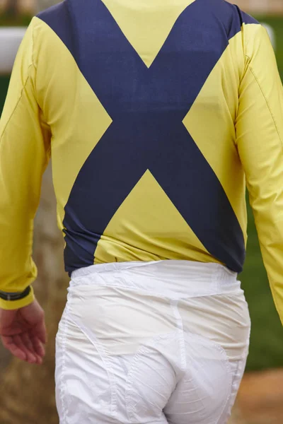 Detalle de jockey después de la carrera. Fondo del hipódromo. Caballo de carreras . —  Fotos de Stock