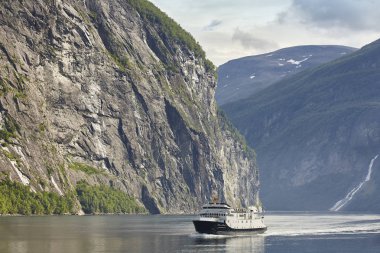 Norwegian fjord landscape. Hellesylt, Geiranger cruise travel. 
