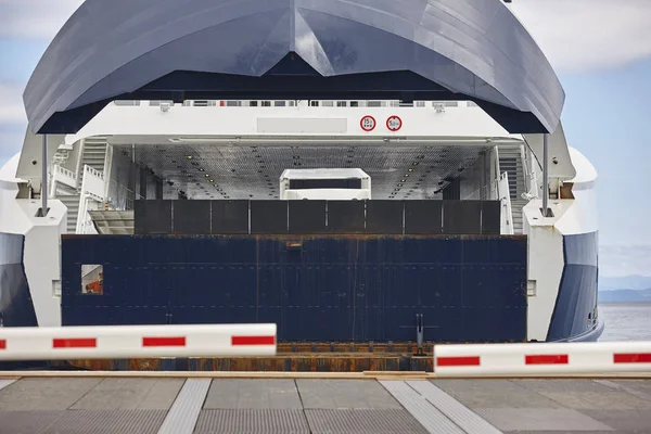 Norwegian car ferry landing at port. Closed barrier. — Stock Photo, Image