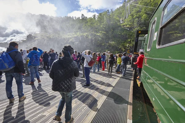 Tren de llama. Cascada de Kjosfossen. Turismo noruego destacado . — Foto de Stock