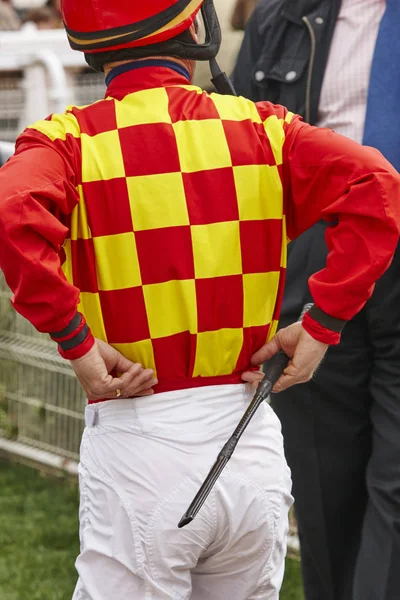 Jockey detail after the race. Hippodrome background. Racehorse. — Stock Photo, Image