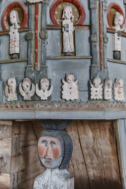 Eski Petajavesi ahşap kilise iç minber ayrıntı. Finlandiya onu