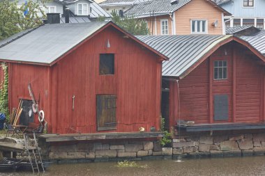 Porvoo geleneksel ahşap evlerde. Finlandiya eski kasaba mirası. 