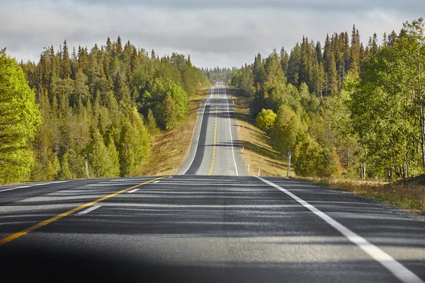 Prázdné vlnité silnice obklopeny lesem ve Finsku. Cestování — Stock fotografie