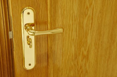 Altın kapı topuzu ayrıntılı bir meşe ahşap kapı