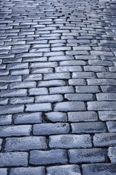 Antique wet cobblestone street at dawn. Vintage background. Blue — Stock Photo, Image