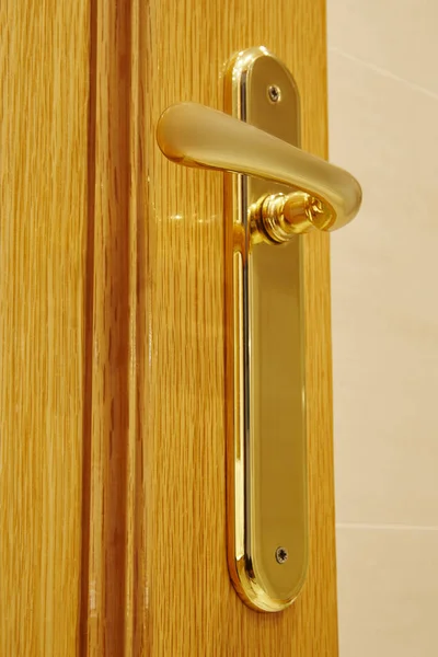 Dettaglio maniglia porta dorata su una porta in legno di quercia — Foto Stock