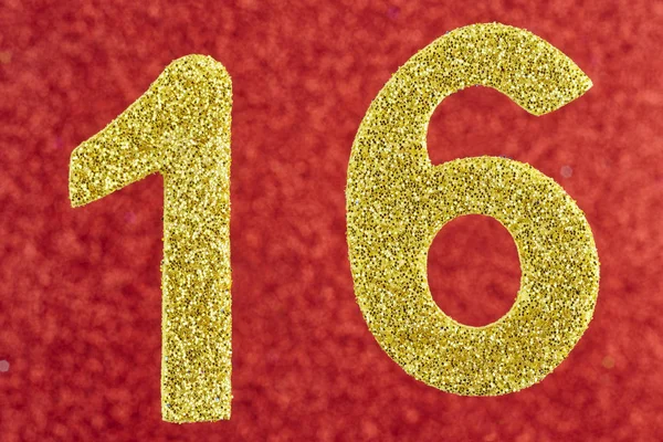 Αριθμός δεκαέξι χρυσό χρώμα πάνω σε κόκκινο φόντο. Επέτειος — Φωτογραφία Αρχείου