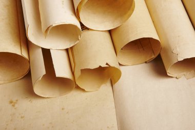 Eski boş haddelenmiş parşömenler yaşlı. Antika belgeleri. Vintage adam