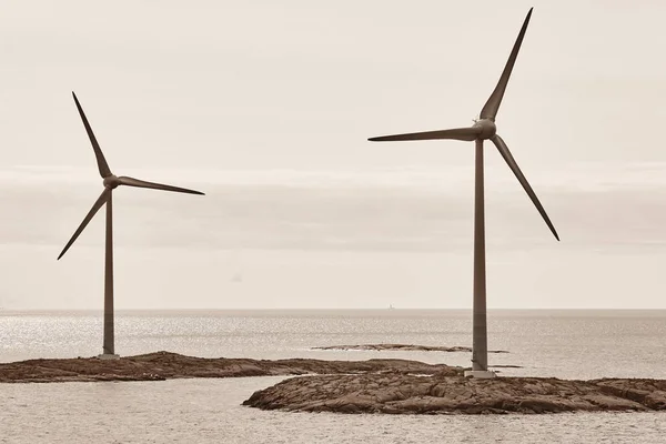 Wind turbines in the baltic sea. Renewable energy. Finland