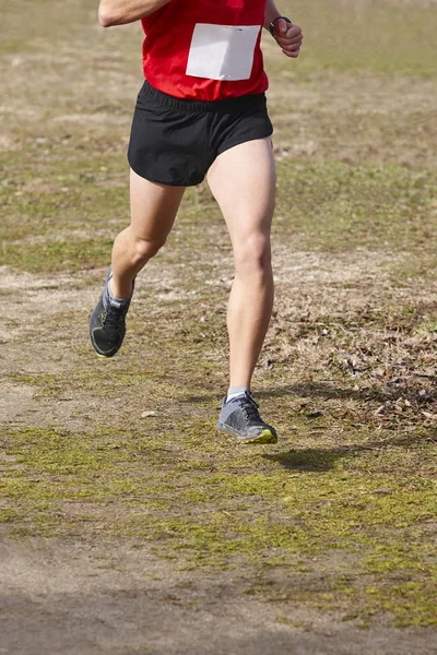 Atravessar país corredor masculino em uma corrida. Exercício saudável — Fotografia de Stock