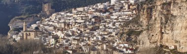 Spanish panoramic picturesque white village. Alcala del Jucar. S